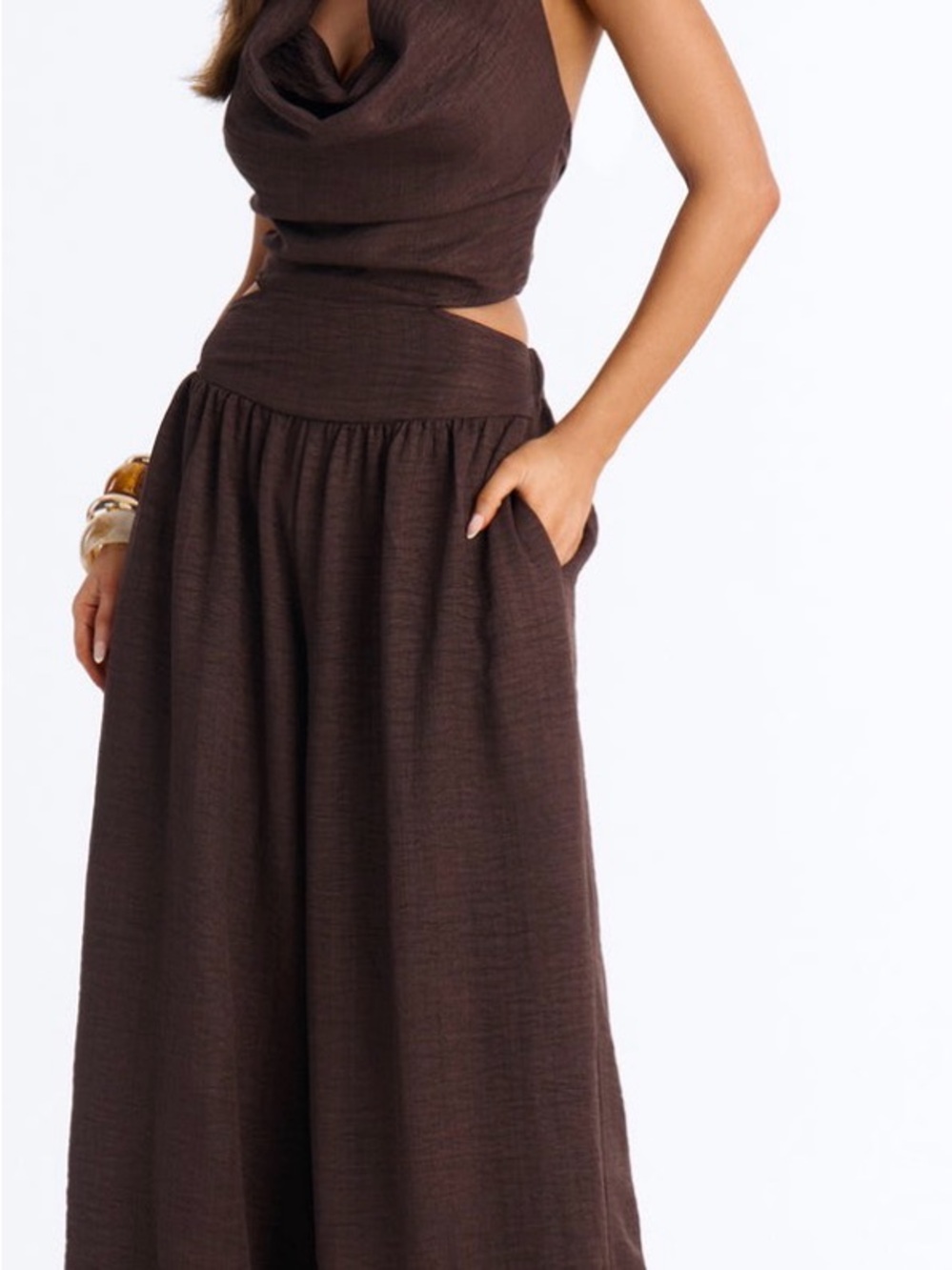 Fashion Nova Dark Brown Wide-Leg Jumpsuit with Cowl Neck